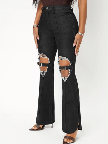 High Waist Flared Leg Ripped Jeans High Waist Flared Leg Ripped Jeans