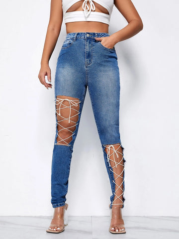 Cutout Lace Up Detail Jeans Cutout Lace Up Detail Jeans