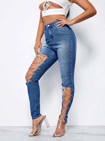 Cutout Lace Up Detail Jeans Cutout Lace Up Detail Jeans