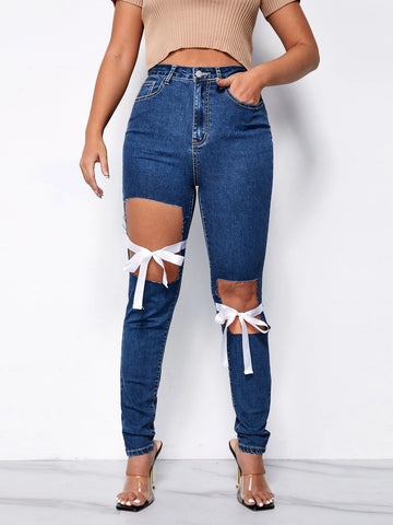 High Waist Ripped Tie Front Jeans High Waist Ripped Tie Front Jeans