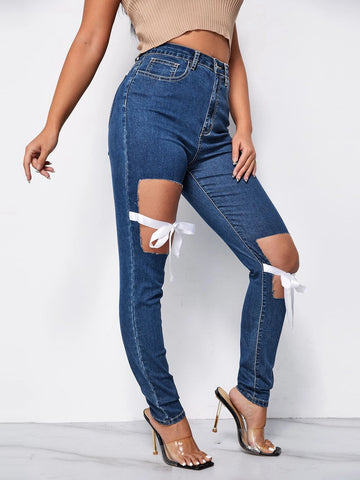 High Waist Ripped Tie Front Jeans High Waist Ripped Tie Front Jeans