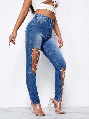 Cutout Lace Up Detail Jeans Cutout Lace Up Detail Jeans