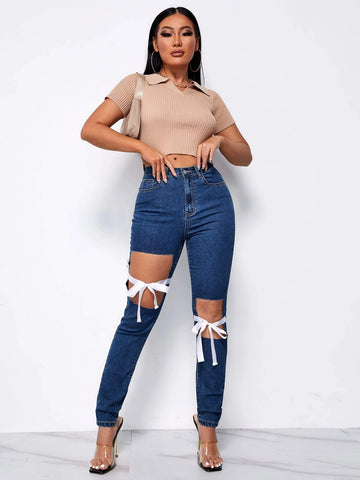 High Waist Ripped Tie Front Jeans High Waist Ripped Tie Front Jeans