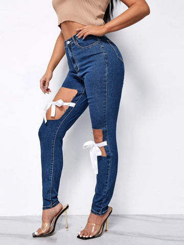 High Waist Ripped Tie Front Jeans High Waist Ripped Tie Front Jeans