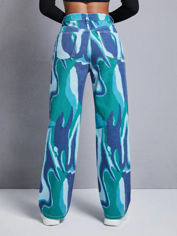 Graphic Pattern Wide Leg Jeans Graphic Pattern Wide Leg Jeans