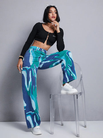 Graphic Pattern Wide Leg Jeans Graphic Pattern Wide Leg Jeans