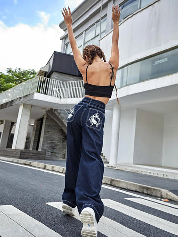 High Waist Yin & Yang Print Wide Jeans High Waist Yin & Yang Print Wide Jeans