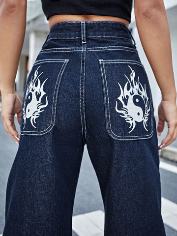 High Waist Yin & Yang Print Wide Jeans High Waist Yin & Yang Print Wide Jeans
