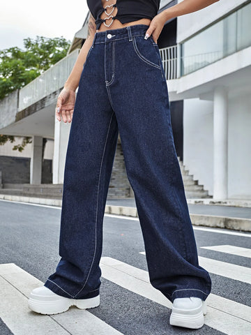 High Waist Yin & Yang Print Wide Jeans High Waist Yin & Yang Print Wide Jeans