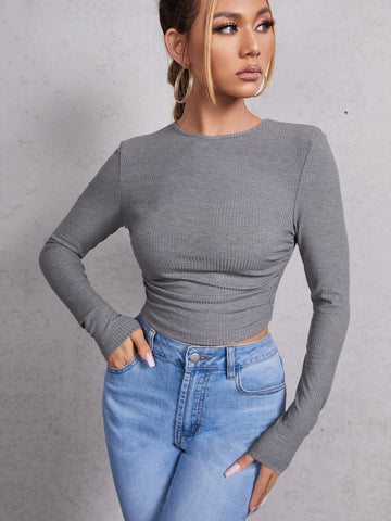 evolu Ruched Rib Knit Crop Tee evolu Ruched Rib Knit Crop Tee
