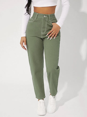 PETITE Zipper Fly Contrast Stitch Tapered Jeans PETITE Zipper Fly Contrast Stitch Tapered Jeans