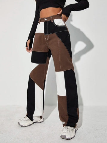 High Waist Cut And Sew Jeans High Waist Cut And Sew Jeans