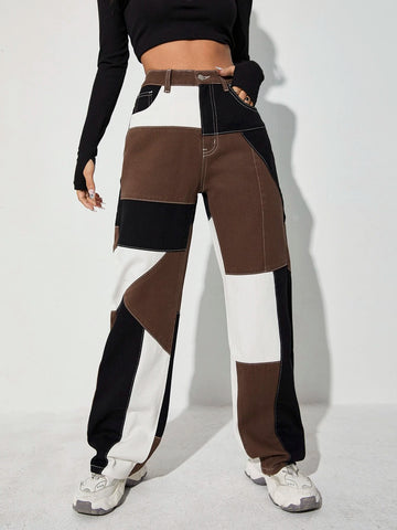 High Waist Cut And Sew Jeans High Waist Cut And Sew Jeans