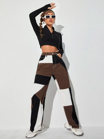 High Waist Cut And Sew Jeans High Waist Cut And Sew Jeans