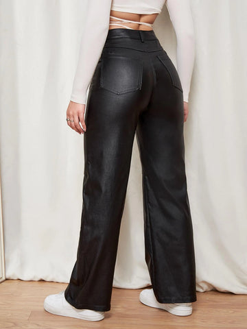 Leather Look Slant Pocket Straight Leg Jeans Leather Look Slant Pocket Straight Leg Jeans