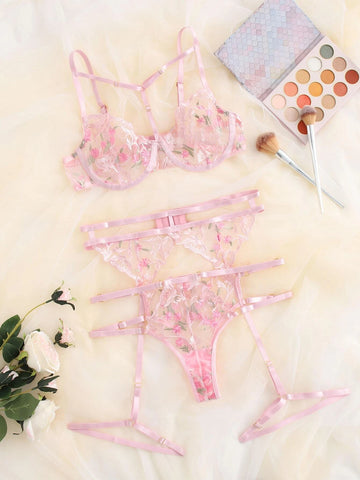 Floral Embroidery Mesh Underwire Garter Lingerie Set Floral Embroidery Mesh Underwire Garter Lingerie Set