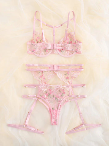 Floral Embroidery Mesh Underwire Garter Lingerie Set Floral Embroidery Mesh Underwire Garter Lingerie Set