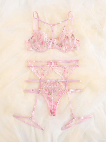 Floral Embroidery Mesh Underwire Garter Lingerie Set Floral Embroidery Mesh Underwire Garter Lingerie Set