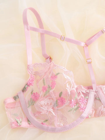 Floral Embroidery Mesh Underwire Garter Lingerie Set Floral Embroidery Mesh Underwire Garter Lingerie Set