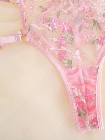 Floral Embroidery Mesh Underwire Garter Lingerie Set Floral Embroidery Mesh Underwire Garter Lingerie Set