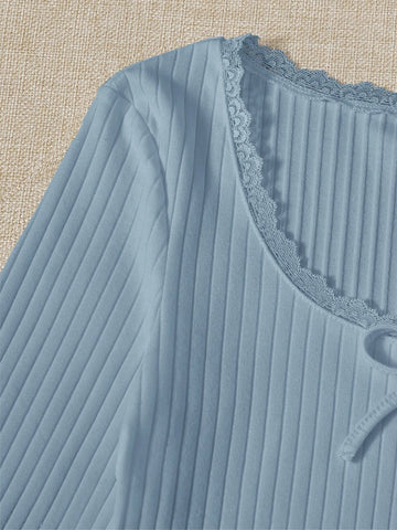 Lace Trim Bow Front Rib-knit Tee Lace Trim Bow Front Rib-knit Tee