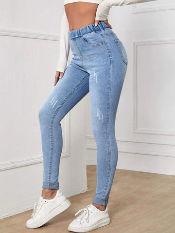 Elastic Waist Slant Pocket Jeans Elastic Waist Slant Pocket Jeans