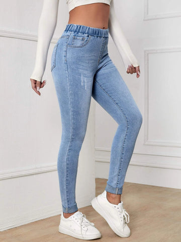 Elastic Waist Slant Pocket Jeans Elastic Waist Slant Pocket Jeans