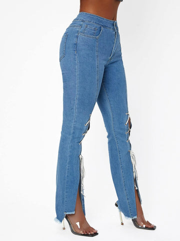 Lace Up Raw Hem Flared Leg Jeans Lace Up Raw Hem Flared Leg Jeans