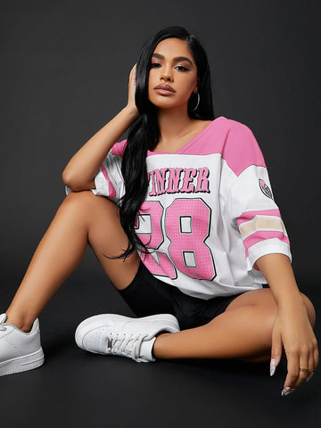 Colorblock & Letter Graphic Drop Shoulder Longline Tee Colorblock & Letter Graphic Drop Shoulder Longline Tee