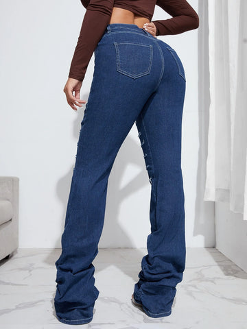 High Waist Ladder Distressed Stacked Flare Leg Jeans High Waist Ladder Distressed Stacked Flare Leg Jeans