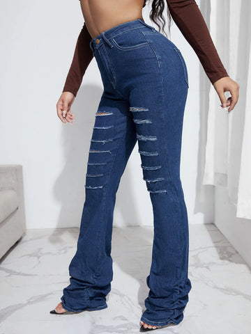 High Waist Ladder Distressed Stacked Flare Leg Jeans High Waist Ladder Distressed Stacked Flare Leg Jeans