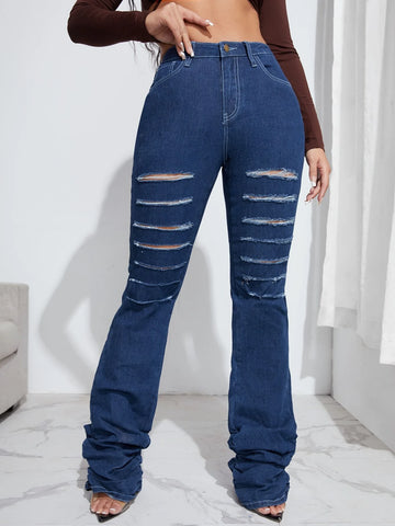 High Waist Ladder Distressed Stacked Flare Leg Jeans High Waist Ladder Distressed Stacked Flare Leg Jeans