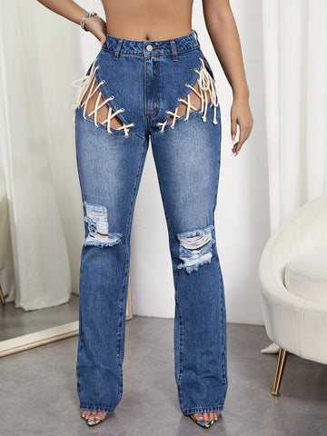 High Waist Lace Up Detail Ripped Jeans High Waist Lace Up Detail Ripped Jeans