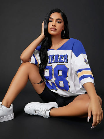 Colorblock & Letter Graphic Drop Shoulder Longline Tee Colorblock & Letter Graphic Drop Shoulder Longline Tee