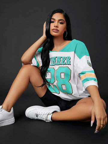 Colorblock & Letter Graphic Drop Shoulder Longline Tee Colorblock & Letter Graphic Drop Shoulder Longline Tee