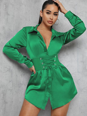 Corset Lace Up Waist Satin Shirt Dress Corset Lace Up Waist Satin Shirt Dress