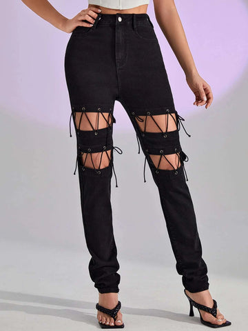 Cut Out Grommet Eyelet Lace Up Jeans Cut Out Grommet Eyelet Lace Up Jeans