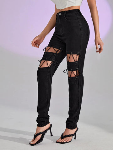 Cut Out Grommet Eyelet Lace Up Jeans Cut Out Grommet Eyelet Lace Up Jeans