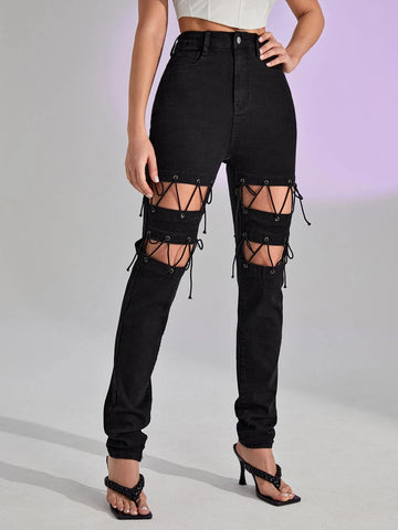 Cut Out Grommet Eyelet Lace Up Jeans Cut Out Grommet Eyelet Lace Up Jeans