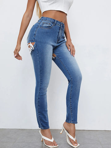 Lace Up Cutout Back Skinny Jeans Lace Up Cutout Back Skinny Jeans