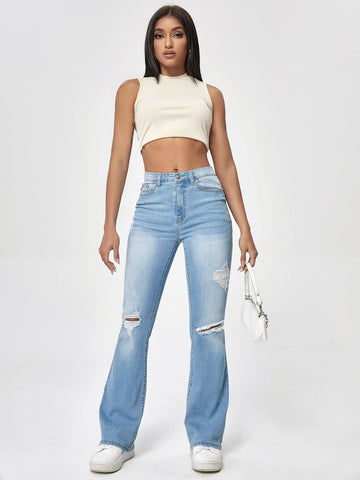 High Waisted Ripped Bootcut Jeans High Waisted Ripped Bootcut Jeans