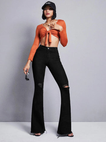 High Waisted Raw Hem Flare Leg Jeans High Waisted Raw Hem Flare Leg Jeans