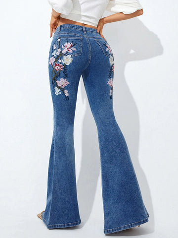 Floral Embroidery Flare Leg Jeans Floral Embroidery Flare Leg Jeans