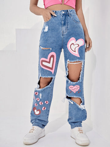 High Waist Heart Print Cut-out Jeans High Waist Heart Print Cut-out Jeans