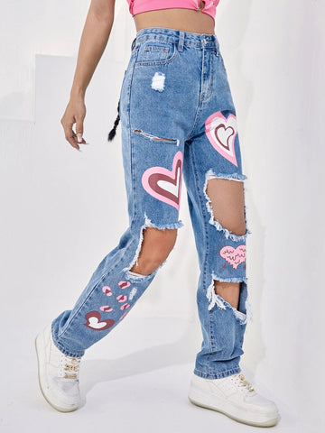 High Waist Heart Print Cut-out Jeans High Waist Heart Print Cut-out Jeans