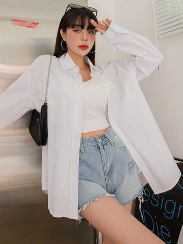 DAZY Solid Drop Shoulder Button Up Oversized Shirt DAZY Solid Drop Shoulder Button Up Oversized Shirt