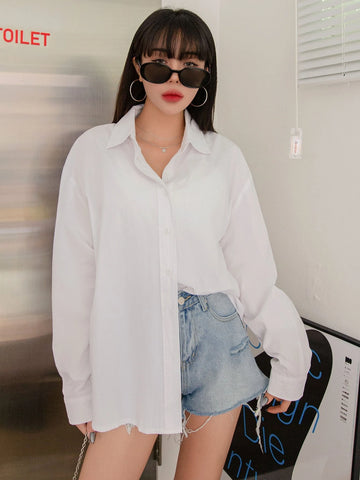DAZY Solid Drop Shoulder Button Up Oversized Shirt DAZY Solid Drop Shoulder Button Up Oversized Shirt