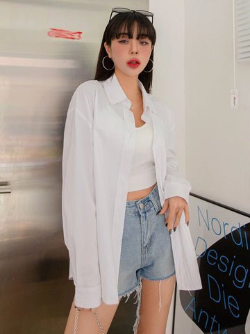 DAZY Solid Drop Shoulder Button Up Oversized Shirt DAZY Solid Drop Shoulder Button Up Oversized Shirt