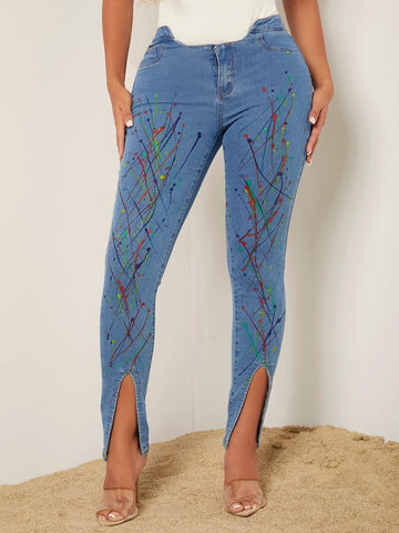 Graphic Print Asymmetrical Waist Split Hem Skinny Jeans Graphic Print Asymmetrical Waist Split Hem Skinny Jeans