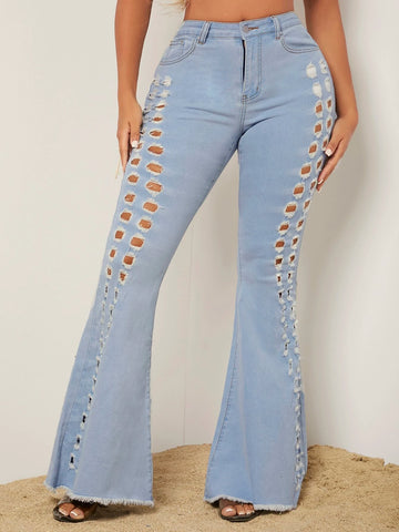 Ripped Cut Out Front Raw Hem Flare Leg Jeans Ripped Cut Out Front Raw Hem Flare Leg Jeans